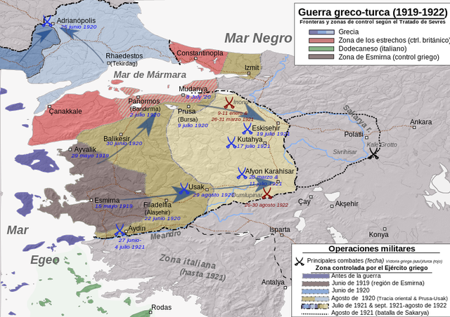 El mapa muestra el avance griego y las principales batallas