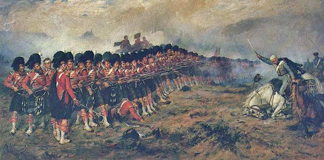 La clásica línea de batalla inglesa de las guerras del siglo XVIII, conocida como la delgada línea roja, The thin red line, pintura de Robert Gibb, 1881