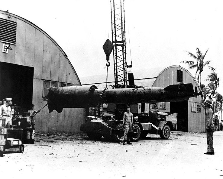 La mitad de un Kaiten 1 recuperado por las fuerzas estadounidenses en Ulithi Atoll, Islas Carolina, 1945