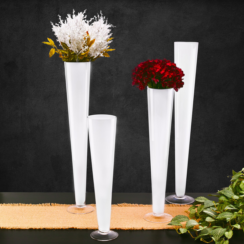 A family portrait of our wintery white glass trumpet vases