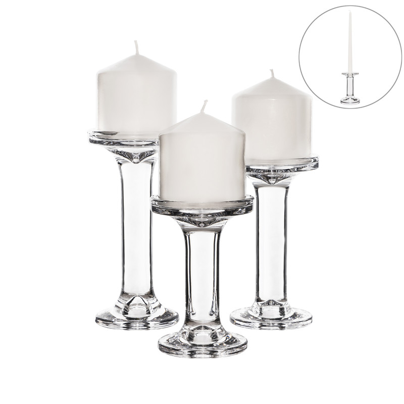 Modern straight-sided baluster pillar and taper glass candlestick. 