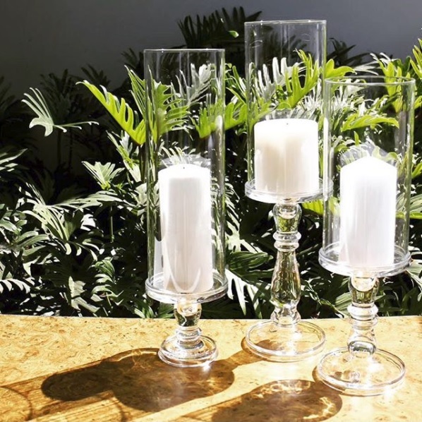 Clear Blown Glass Pillar Candle Holders fitted with hurricane candle shades