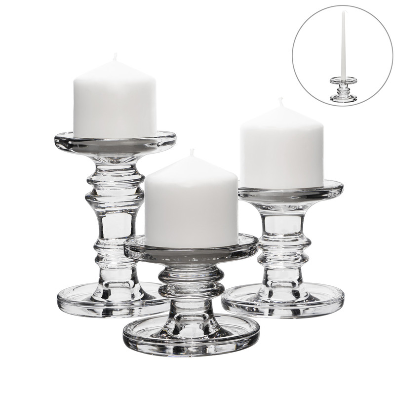 This glass pillar candle holder set also works as a taper candlestick set, for weddings, events, and home decor!